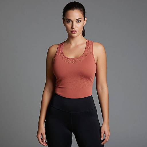 Photograph of a fit, dark-haired woman with light olive skin, wearing a red lace-patterned tank top and black leggings, standing against a gray