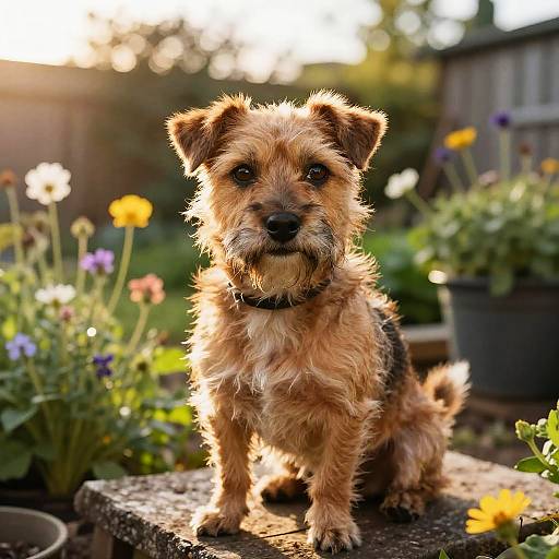 Photograph of a scruffy, tan and black terrier with a black collar, sitting on a stone in a sunlit garden, surrounded by colorful
