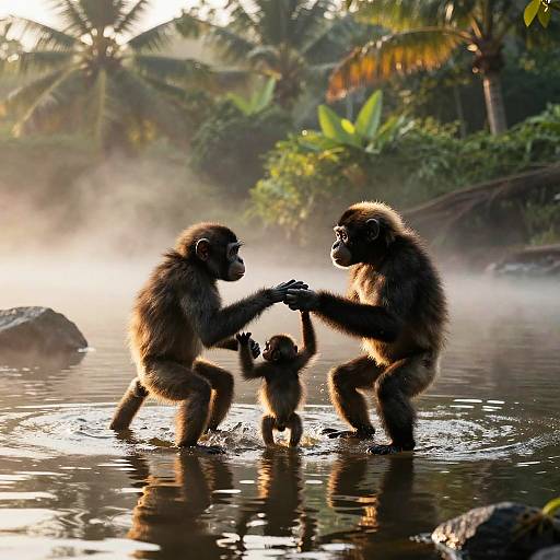 Playful Simian Family at Dawn