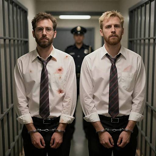 Arrested Men in Dim Barred Corridor