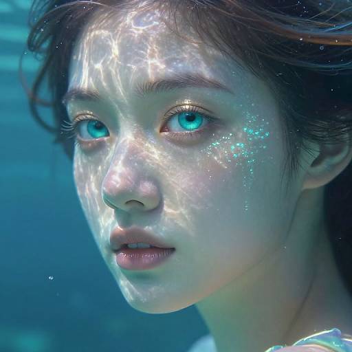 Photograph of an Asian woman with glowing blue eyes, illuminated by underwater light, creating shimmering patterns on her face.