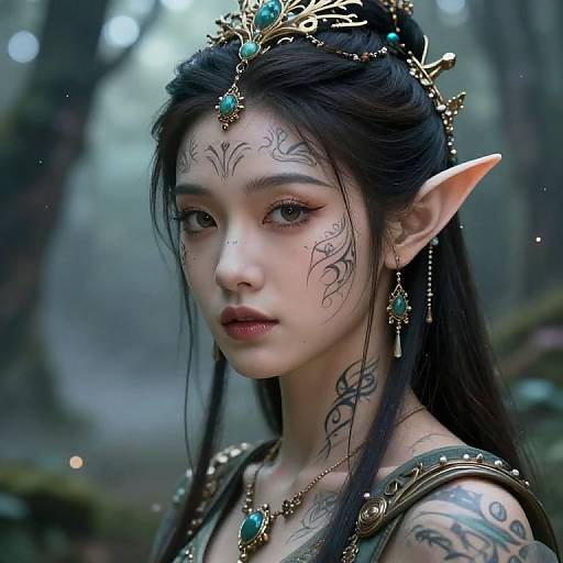 Digital fantasy portrait of an elf woman with dark hair, pointed ears, intricate tattoos, and ornate jewelry, set in a misty forest.