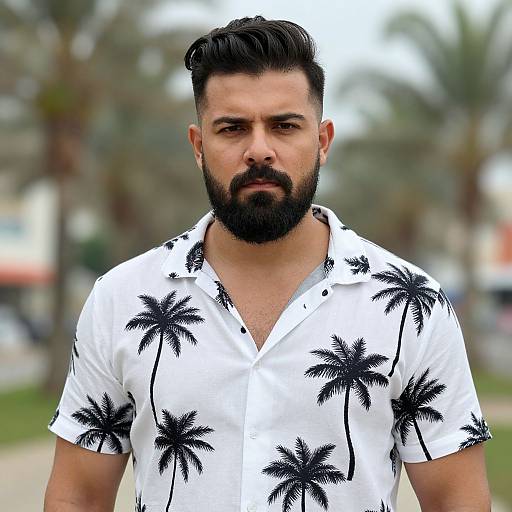 Photograph of a bearded man with dark hair, wearing a white short-sleeve shirt with black palm tree patterns, standing outdoors with blurred palm