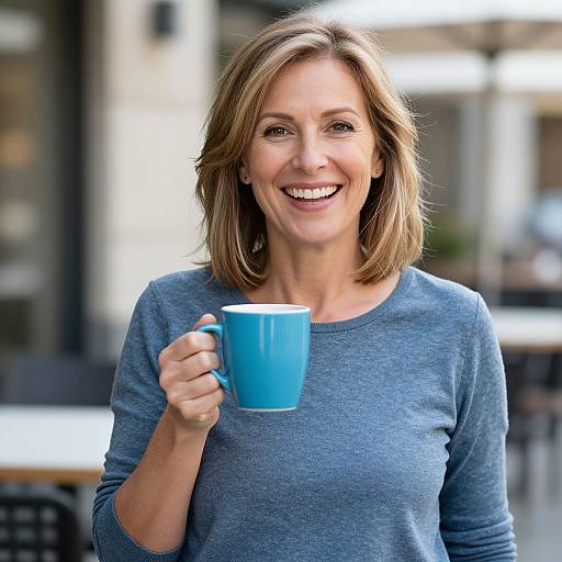 Photograph of a smiling middle-aged woman with shoulder-length brown hair, wearing a blue sweater, holding a blue mug, standing outdoors in a blurred urban