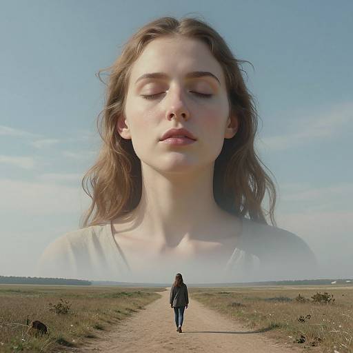 Digital art: Giant, serene young woman with closed eyes looms above a small person walking on a dirt path under a clear blue sky.