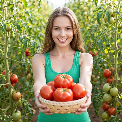 Smiling Woman in Vibrant Tomato Field