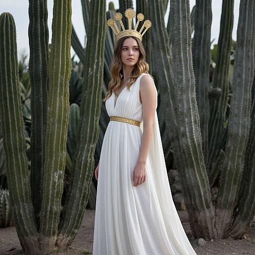 Photograph of a young woman with wavy brown hair, wearing a white Grecian-style dress and gold crown, standing among tall cacti