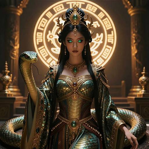 Digital artwork of a regal, green-eyed woman with black hair, wearing gold and green, snake-entwined, ornate robe, with
