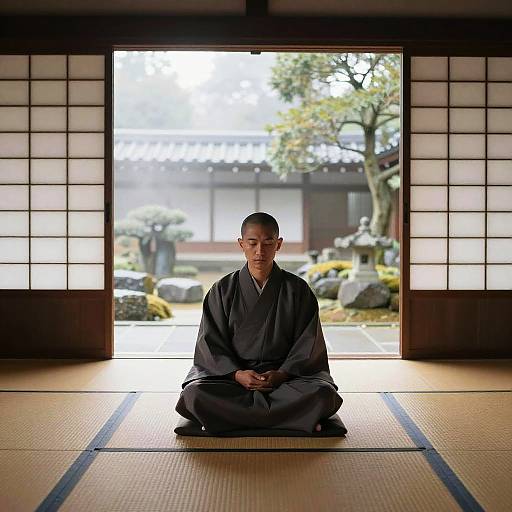 Zen Monk Meditating in Traditional Temple