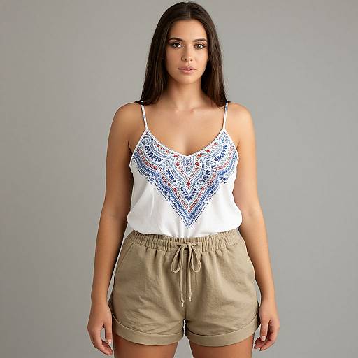 Photograph of a young woman with long dark hair, wearing a white lace-trimmed tank top and beige drawstring shorts, standing against a plain