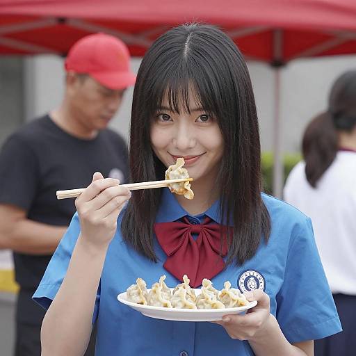 Cheerful Asian Girl Enjoying Dumplings