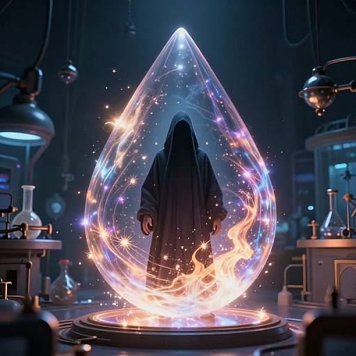Digital artwork: Silhouetted hooded figure inside glowing, transparent teardrop sphere with fiery edges, surrounded by laboratory equipment in a dark,