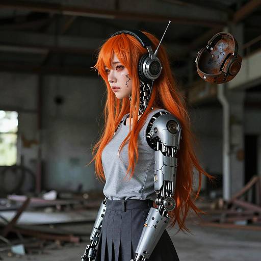Android Woman with Orange Hair in Abandoned Factory