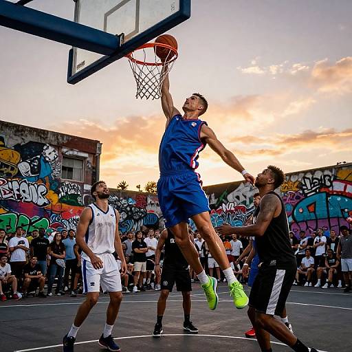 Photograph of a dynamic outdoor basketball game at sunset, featuring a player in blue jersey mid-dunk, two opponents, and a graffiti-covered court with