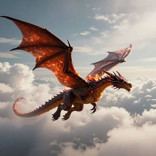 Photorealistic digital artwork of a fiery red dragon with large, glowing wings soaring through a bright, cloudy sky.