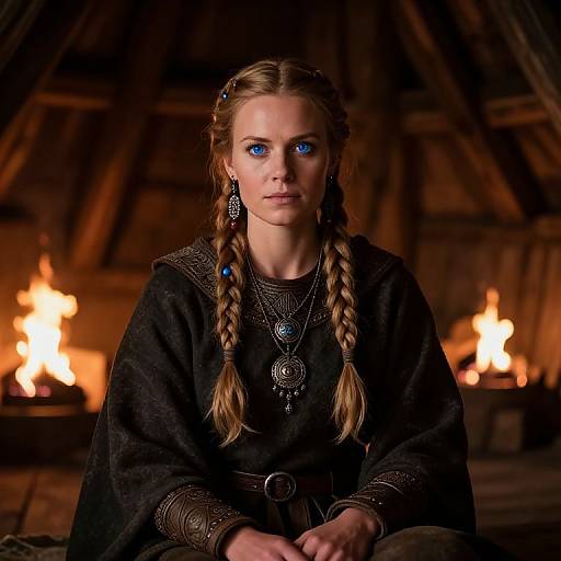 Photograph of a serious blonde woman with blue eyes, braided hair, wearing a black medieval-style dress, adorned with silver jewelry, sitting in a