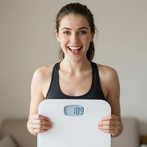 Photograph of smiling, fair-skinned woman with brown hair in black tank top, holding white digital scale showing 189 pounds, indoors.