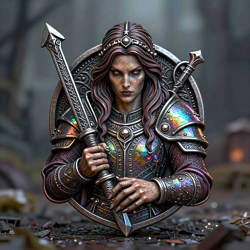 Digital artwork of a fierce, armored warrior with long brown hair, holding a glittering sword and shield, set in a misty forest.