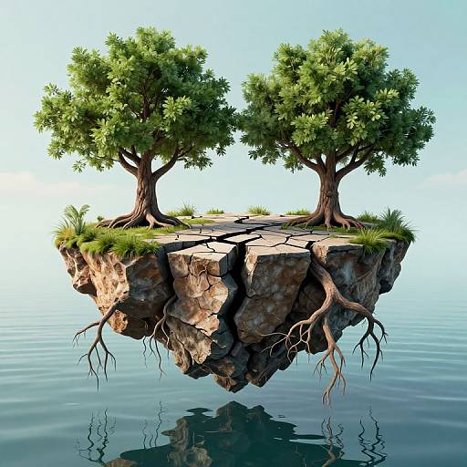 Digital artwork of two lush, green trees with exposed roots on a floating, rocky island above calm, reflective water.