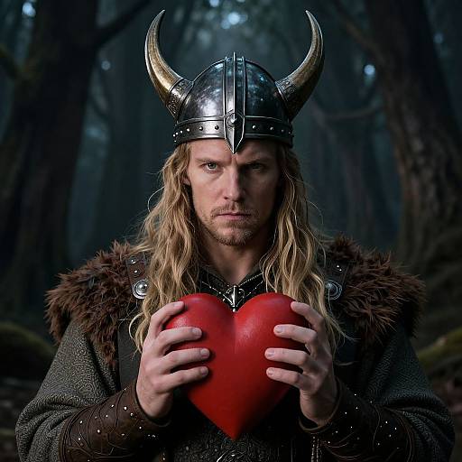 Photograph of a serious, blond Viking warrior with long hair, wearing a horned helmet and fur-lined armor, holding a red heart in a dark