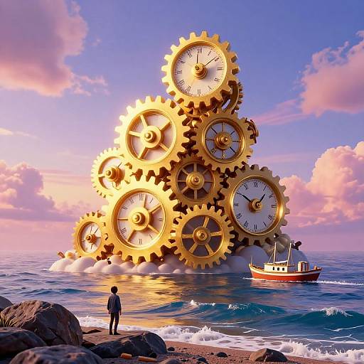 Digital artwork: Giant golden clock gears emerging from ocean, with small boat and lone figure on rocky shore at sunset.