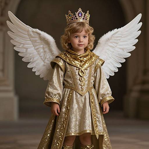 Photograph of a young blonde girl with curly hair, wearing a gold-embroidered royal dress, white angel wings, and a jeweled crown