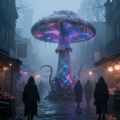 Spectral Mushroom Entity in Foggy Marketplace