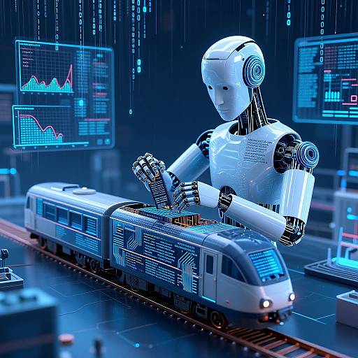 CGI image of a white, futuristic robotic figure controlling a high-tech, blue-lit train with digital graphs and data screens in the background.