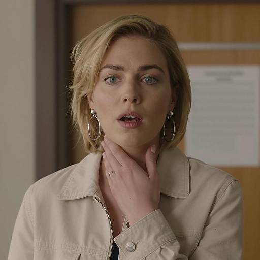 Surprised Woman in Beige Jacket