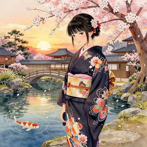 Digital anime-style illustration of a Japanese woman in a floral kimono, standing by a tranquil pond with cherry blossoms and koi fish at sunset.