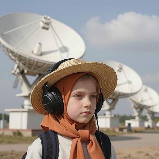 Young Girl Wearing Headphones and Straw Hat Near Satellite Dishes