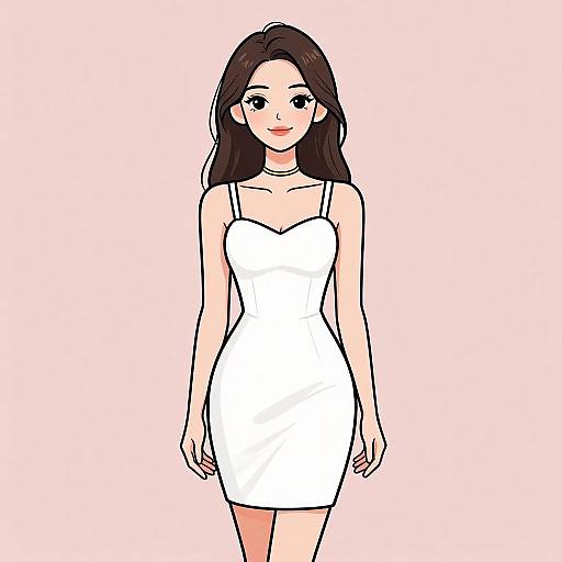 Digital illustration of a smiling young woman with long brown hair, wearing a form-fitting white strapless dress against a pink background.