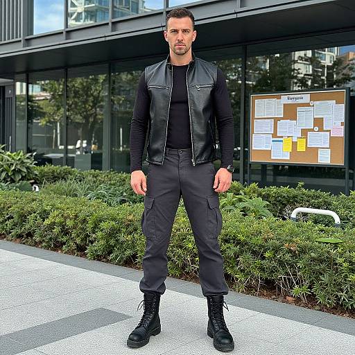 Photograph of a handsome, muscular man with short dark hair, wearing a black leather vest, long-sleeve shirt, black pants, and boots