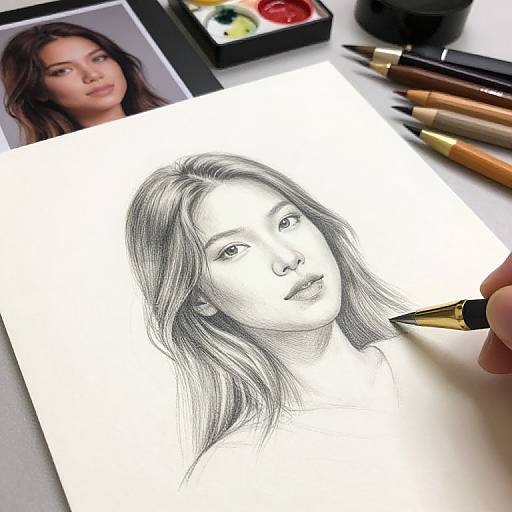 Photorealistic pencil sketch of a young woman with long hair, partially colored by a hand holding a fine-tip marker. Background includes a photograph of the