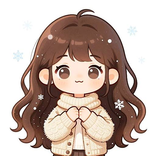 Chibi-style digital drawing of a cute anime girl with long brown hair, large brown eyes, and a fluffy white winter coat, smiling with hands clas
