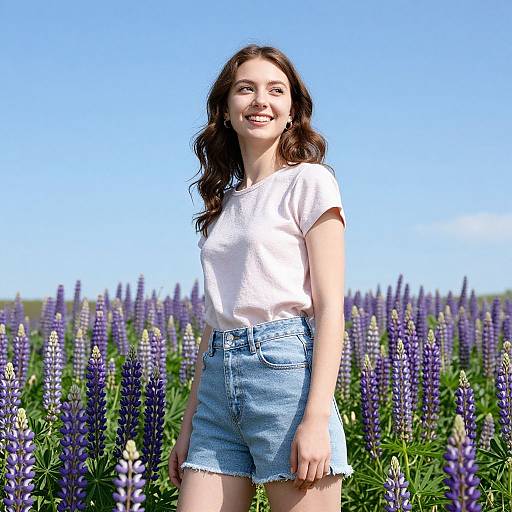 Photograph of a smiling young woman with wavy brown hair, wearing a white t-shirt and blue denim shorts, standing in a vibrant purple lupine