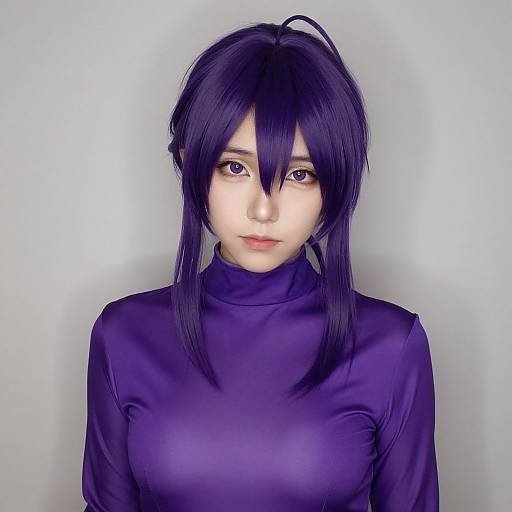 Digital anime-style portrait of a young woman with pale skin, purple hair, and matching purple turtleneck, staring directly at the camera.