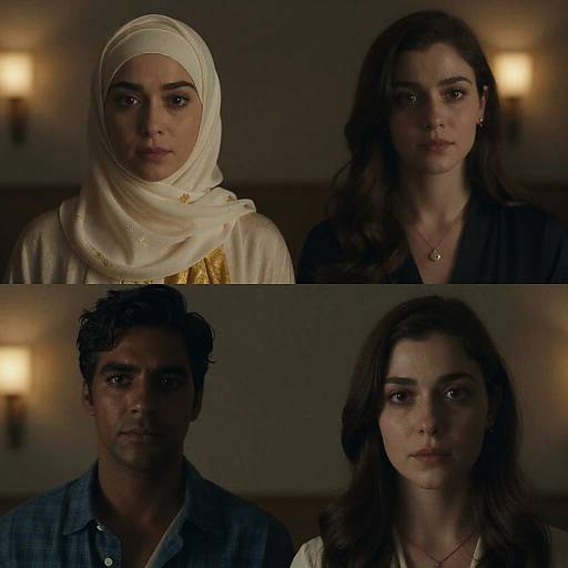 Photograph of three people in dim lighting: top-left woman in white hijab, top-right brunette woman with dark shirt, bottom-left dark-haired man