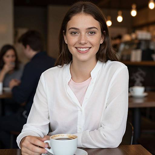 Photograph of a smiling young woman with long brown hair, wearing a white blouse, holding a coffee cup, sitting in a cozy, dimly-l