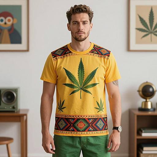 Man Wearing Marijuana Leaf T-Shirt in Artistic Room