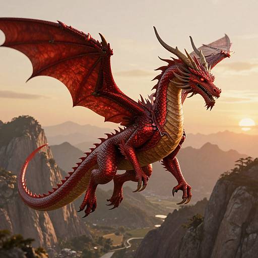 Majestic Red Dragon Over Mountains