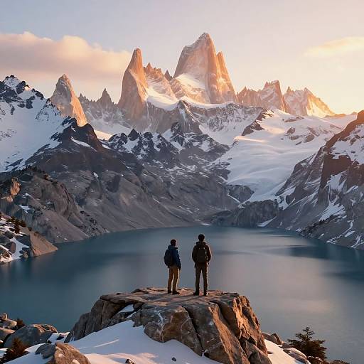 Photograph of two hikers in winter gear standing on a rocky outcrop, overlooking a serene lake with snow-capped, jagged mountain peaks at