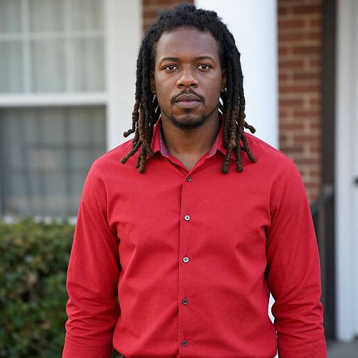 Photograph of a Black man with medium brown skin, black dreadlocks, wearing a bright red button-up shirt, standing outdoors against a brick and glass