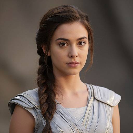 Photograph of a young woman with light brown skin, dark brown eyes, and long braided hair wearing a silver, sleeveless, ancient-style top