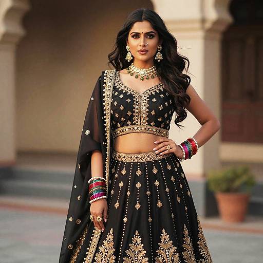 Woman in Black and Gold Traditional Lehenga with Jewelry