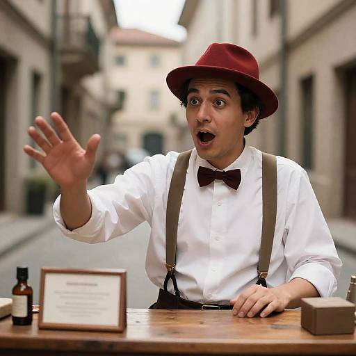 Expressive Man Behind Wooden Counter