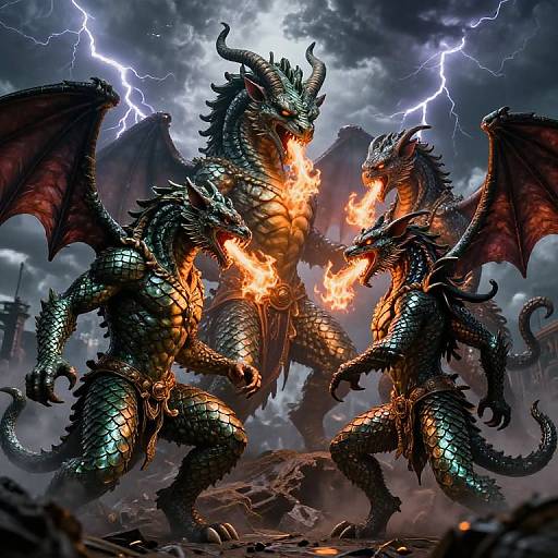 Digital artwork of two fierce, black-scaled dragons with glowing orange flames, clashing under a stormy sky with lightning bolts.