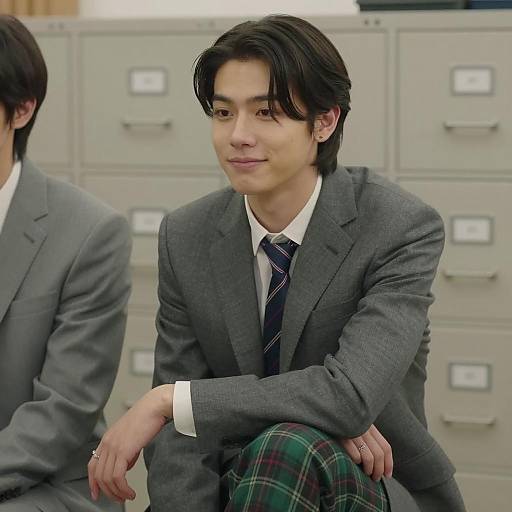 Young Man in Gray Suit Sitting