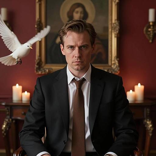 Serious Man in Suit with White Dove in Dimly Lit Room