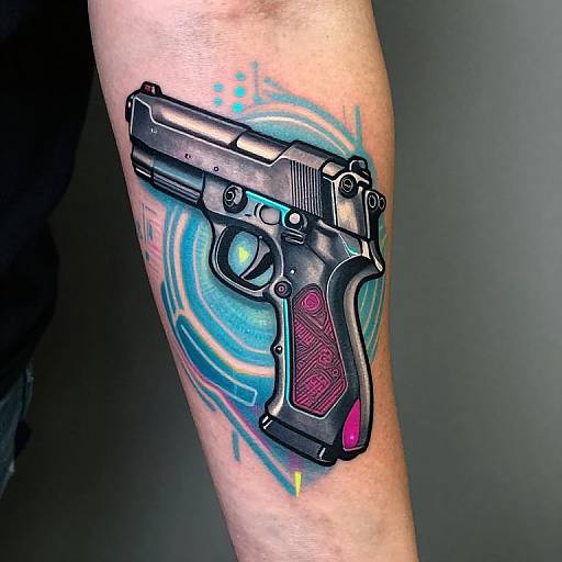 Colorful tattoo of a detailed semi-automatic pistol on a forearm, featuring blue energy swirls and pink grip accents. Photorealistic style.